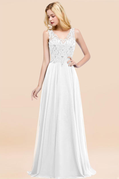 A-line Chiffon Appliques V-neck Sleeveless Floor-Length Bridesmaid Dresses with Crystals