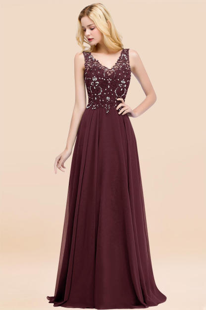 A-line Chiffon Appliques V-neck Sleeveless Floor-Length Bridesmaid Dresses with Crystals
