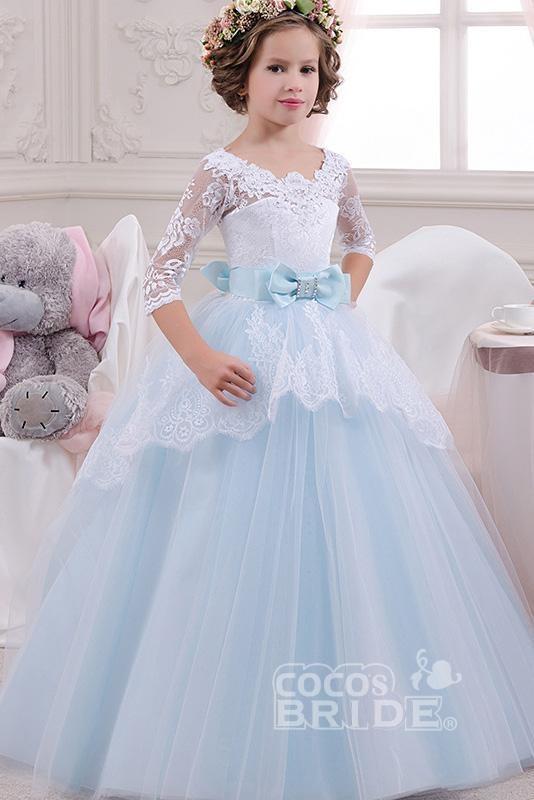 Scoop Neck 3/4 Sleeves Ball Gown Flower Girls Dress