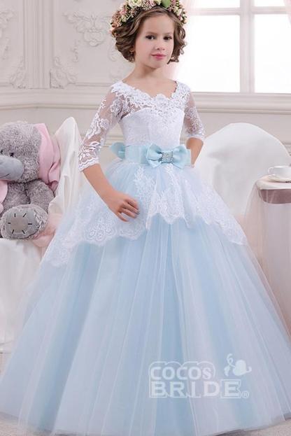 Scoop Neck 3/4 Sleeves Ball Gown Flower Girls Dress