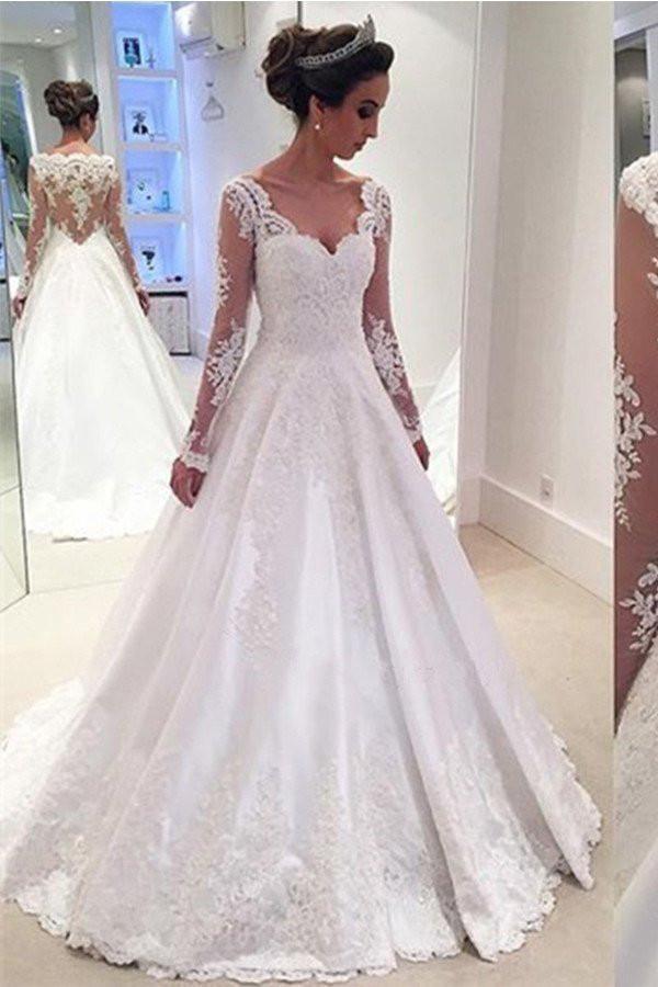 Elegant Long A-line V Neck Tulle Lace Wedding Dress with Sleeves