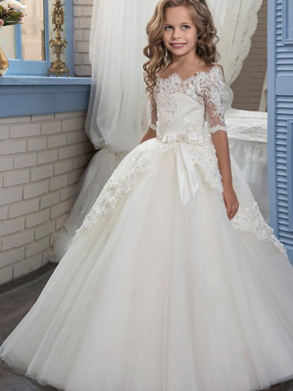 Ball Gown Tulle Half Sleeve Lace Floor Length Flower Girl Dresses