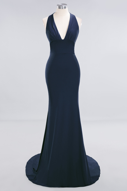 Elegant Halter Deep V-neck Open Back Floor-length Mermaid Prom Dress