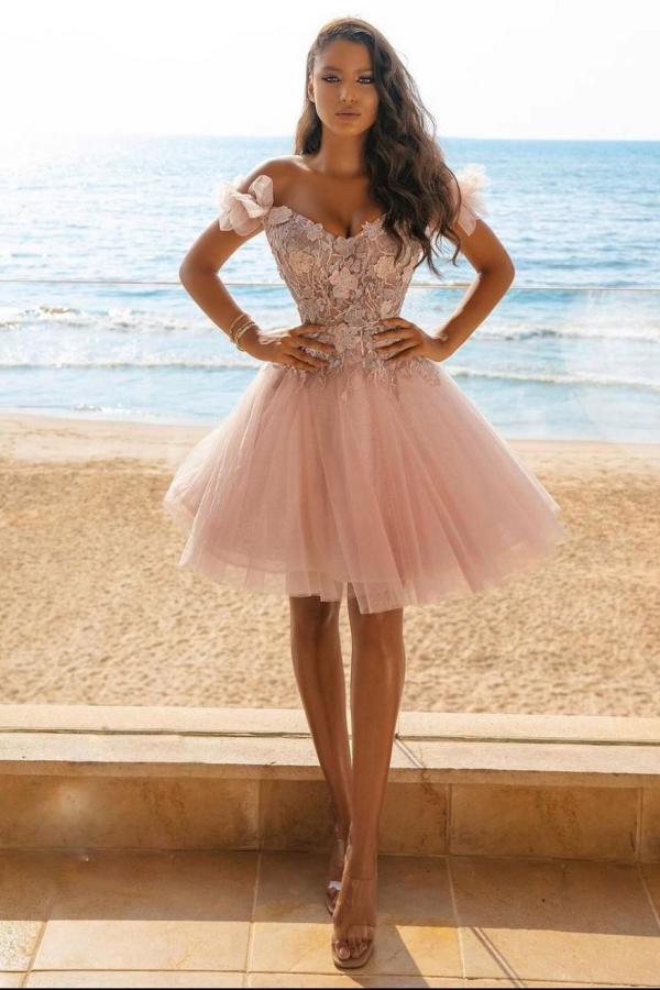 A-line Floral Tulle Off the Shoulder Lace Short Homecoming Dress