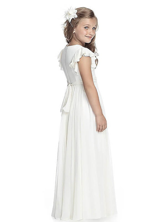 White Long A-line Chiffon Junior Bridesmaid Dress Floor Length Girl Dresses