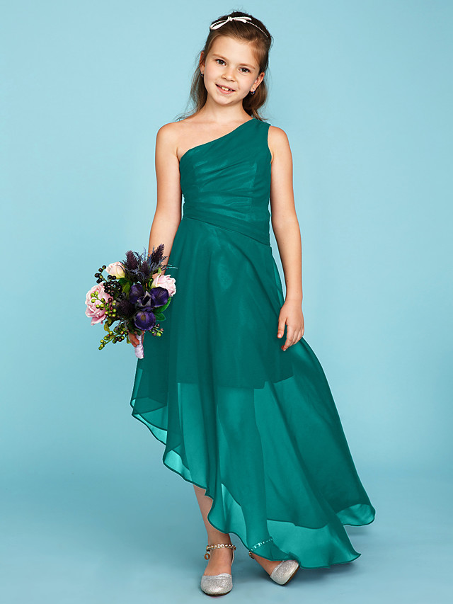 A-Line One Shoulder Asymmetrical Chiffon Junior Bridesmaid Dress With Side Draping / Wedding Party