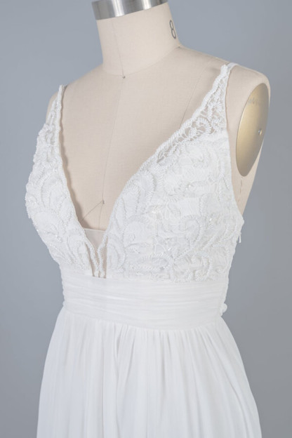Long V-neck Front Slit Lace Chiffon Sheath Wedding Dress