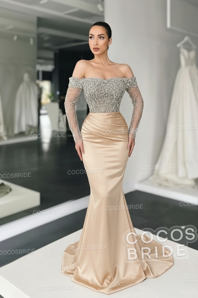 Long Mermaid Off the Shoulder Satin Prom Dress with Sleeves