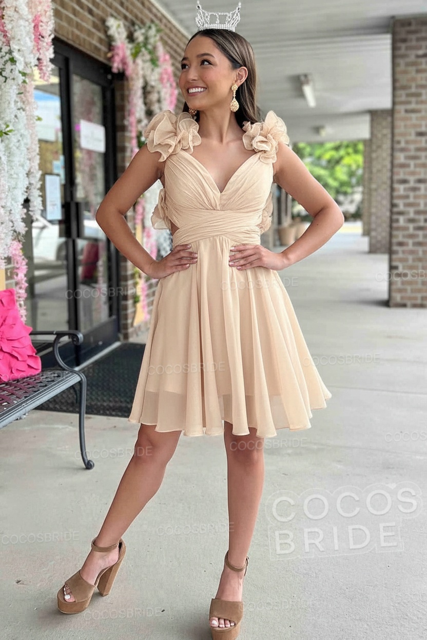 V-Neck Sky Blue Short Chiffon A-Line Party Dress