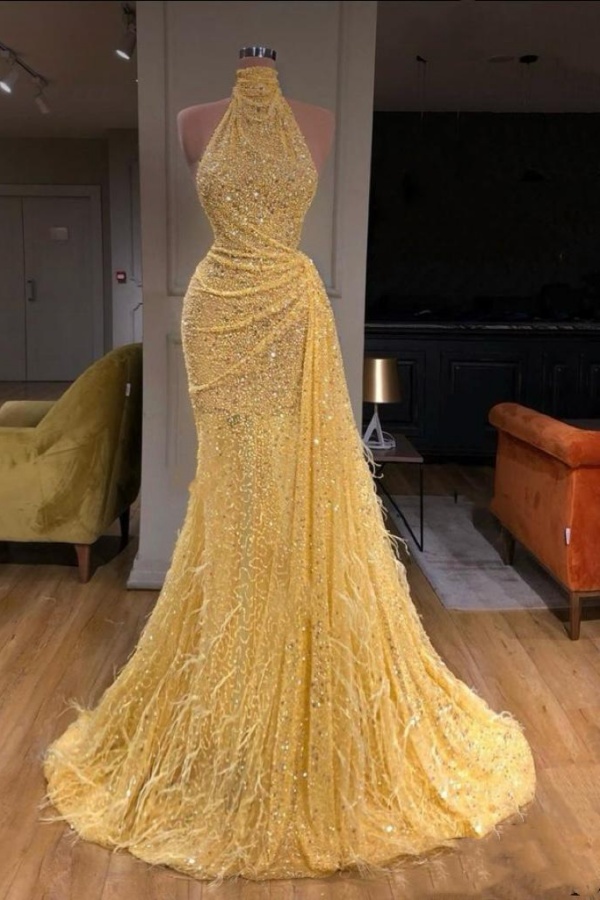 Chic Long Haler Sequin Mermaid Prom Dress with Feathers