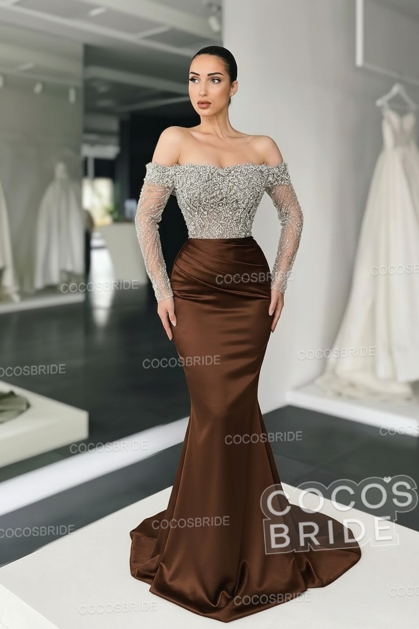 Long Mermaid Off the Shoulder Satin Prom Dress with Sleeves