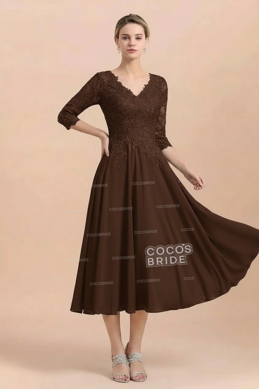 A-Line V-Neck 3/4 Sleeves Chiffon Short Mother Of The Bride Dresses With Lace