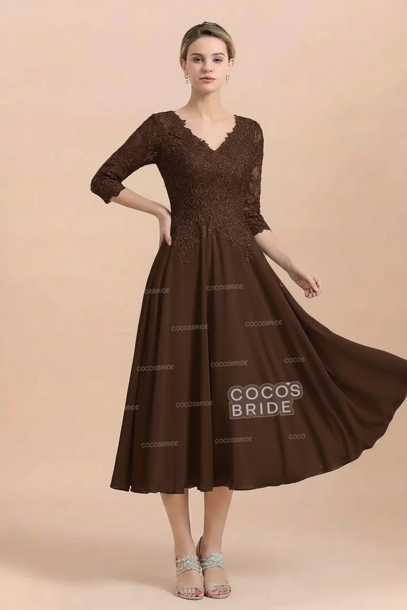 A-Line V-Neck 3/4 Sleeves Chiffon Short Mother Of The Bride Dresses With Lace