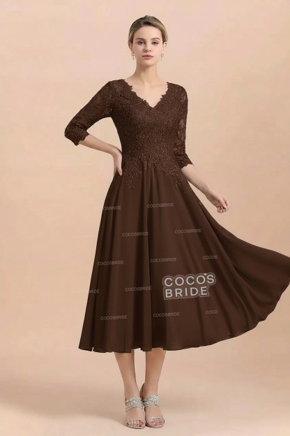 A-Line V-Neck 3/4 Sleeves Chiffon Short Mother Of The Bride Dresses With Lace