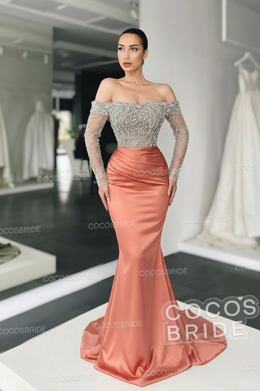Long Mermaid Off the Shoulder Satin Prom Dress with Sleeves