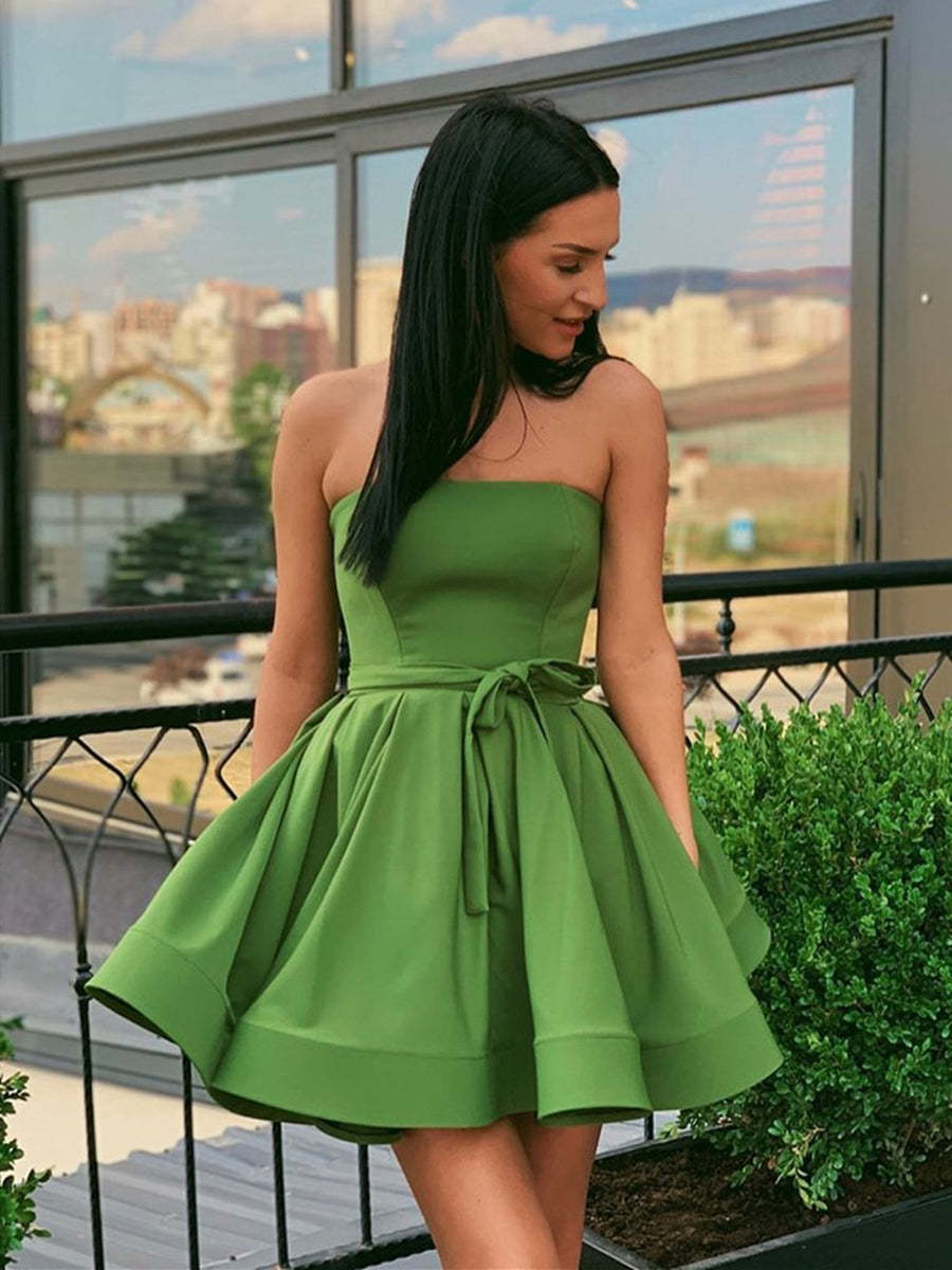 Cute Short A-line Strapless Satin Graduation Formal Prom Dresses-CoCosBride