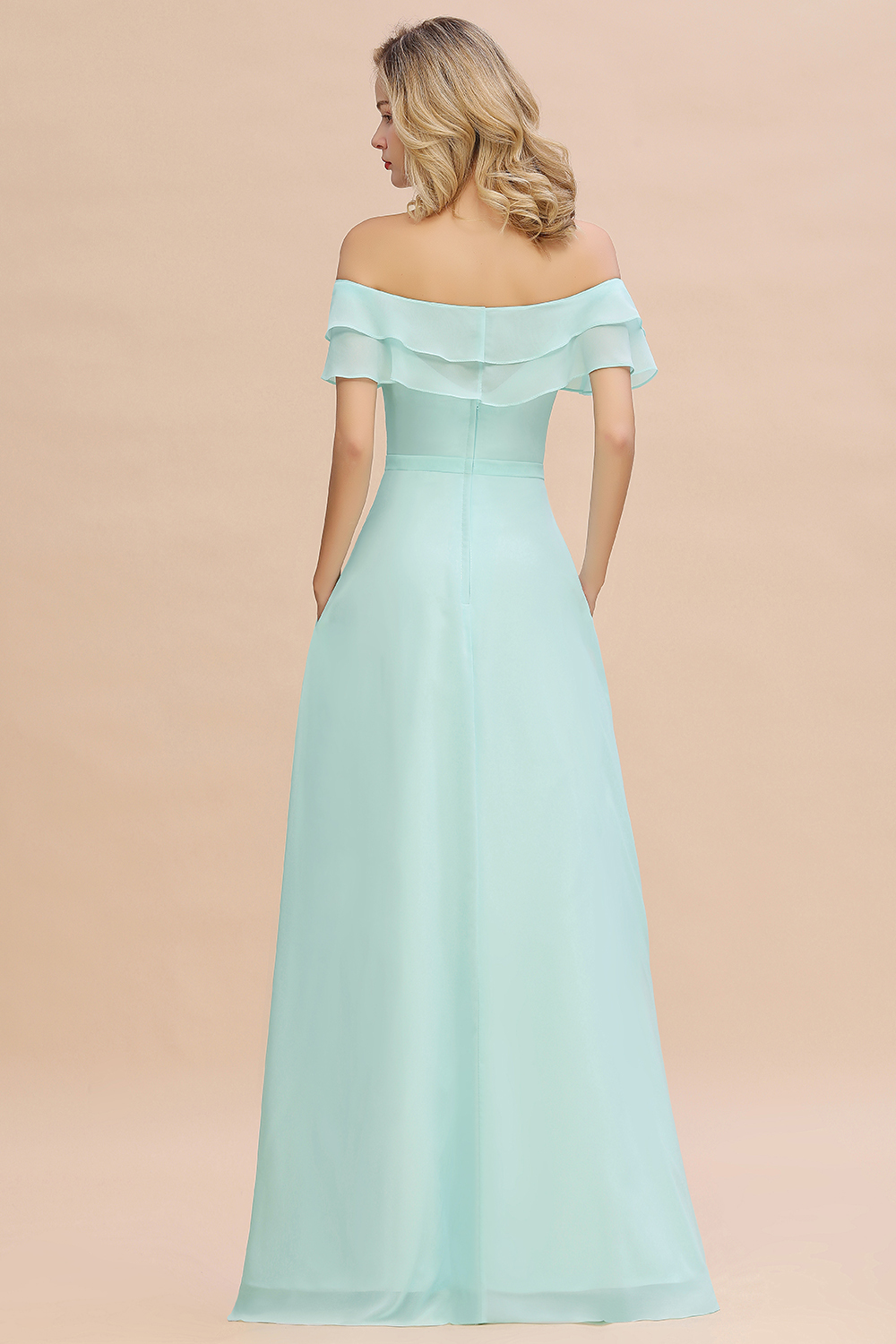 Off-the-Shoulder Front Slit Mint Green Long Bridesmaid Dress