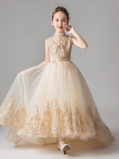 Princess Court Train Party / Pageant Flower Girl Dresses - Polyester Sleeveless Jewel Neck With Appliques