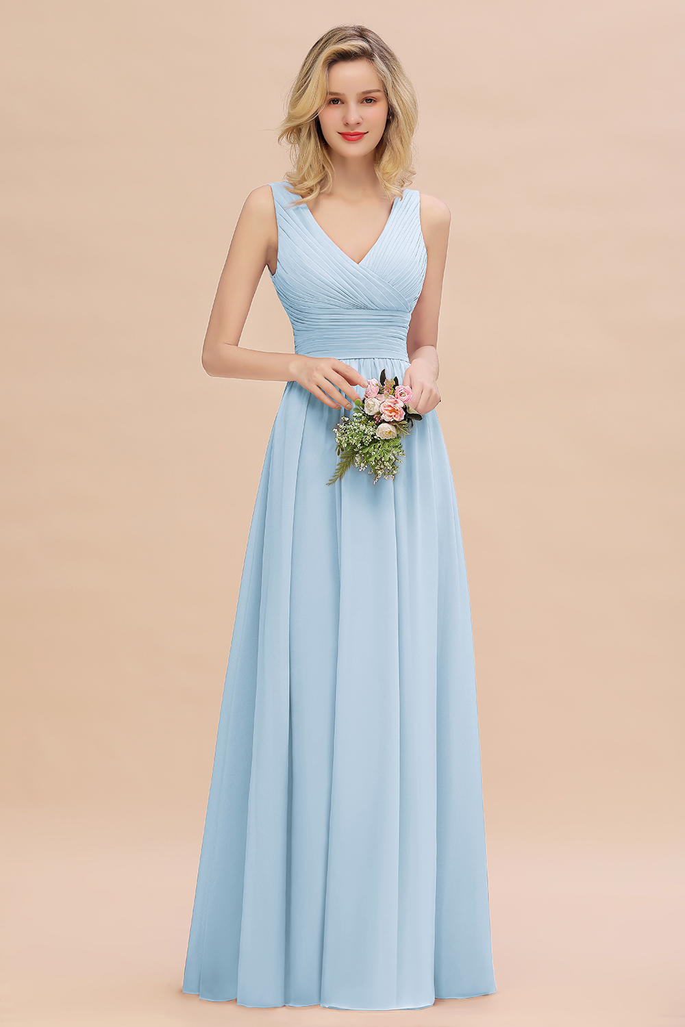 Elegant A-line V-Neck Ruffles Long Bridesmaid Dress