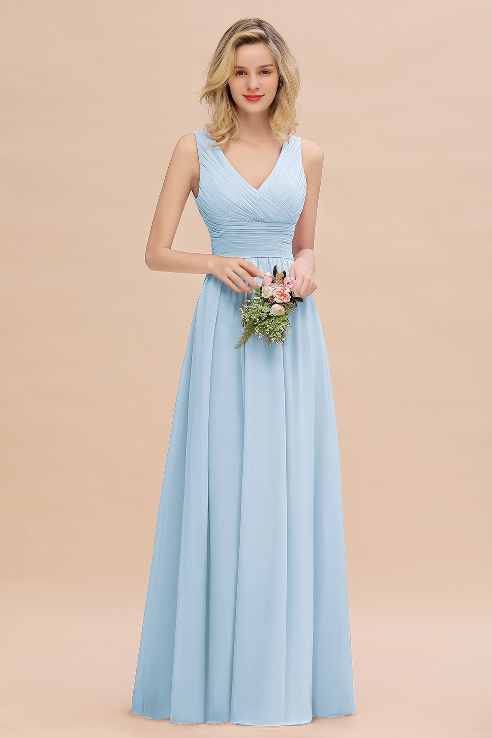 Elegant A-line V-Neck Ruffles Long Bridesmaid Dress