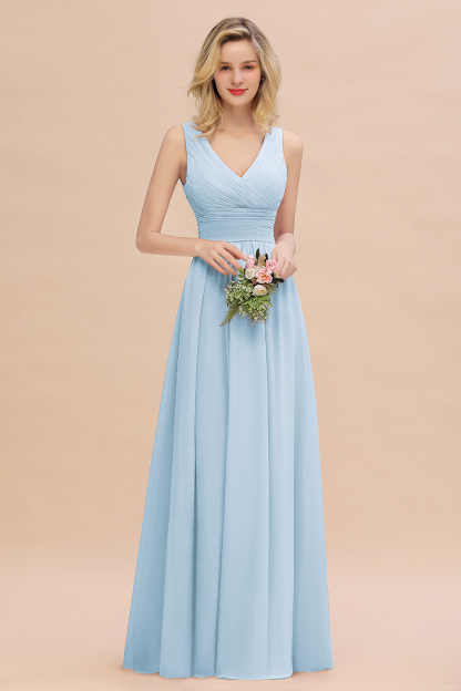 Elegant A-line V-Neck Ruffles Long Bridesmaid Dress