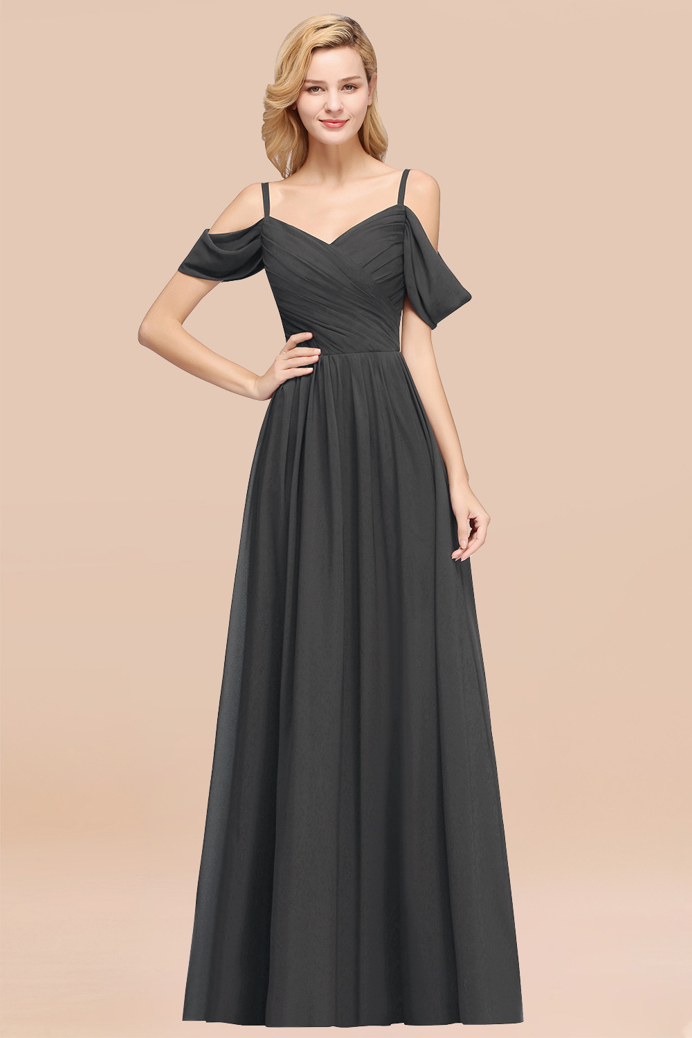 A-Line Chiffon V-Neck Spaghetti Straps Short-Sleeves Floor-Length Bridesmaid Dresses with Ruffles