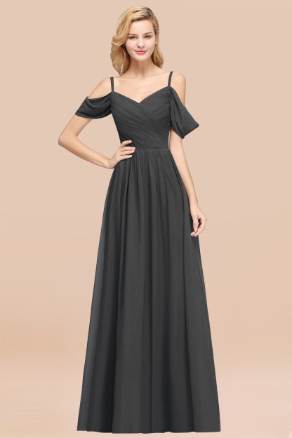 A-Line Chiffon V-Neck Spaghetti Straps Short-Sleeves Floor-Length Bridesmaid Dresses with Ruffles