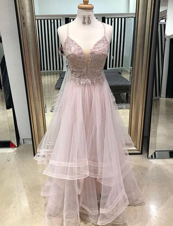 Elegant Floor-Length A-Line Appliques Spaghetti Straps Tulle Prom Dress