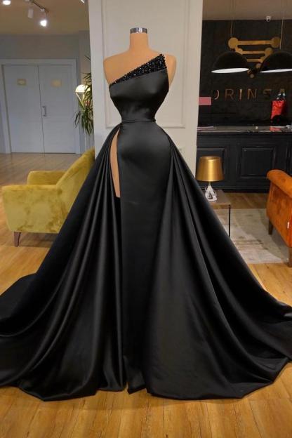 Black Long Mermaid One Shoulder Satin Formal Prom Dresses with Slit