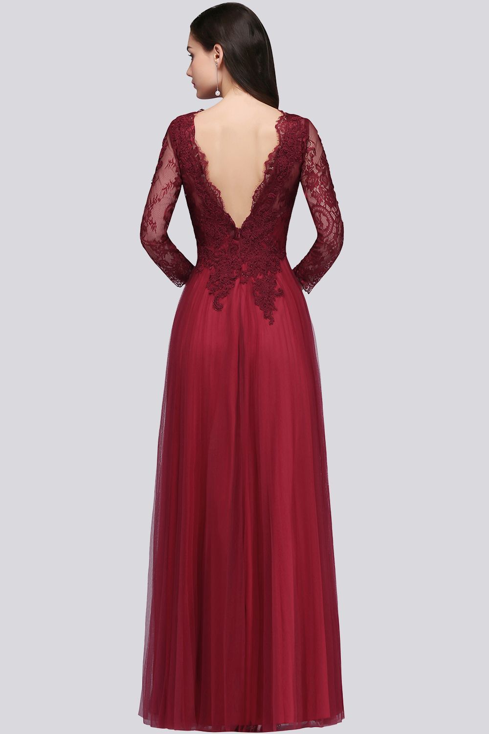 Long Sleeves V-Neck Lace Burgundy Bridesmaid Dresses with Appliques