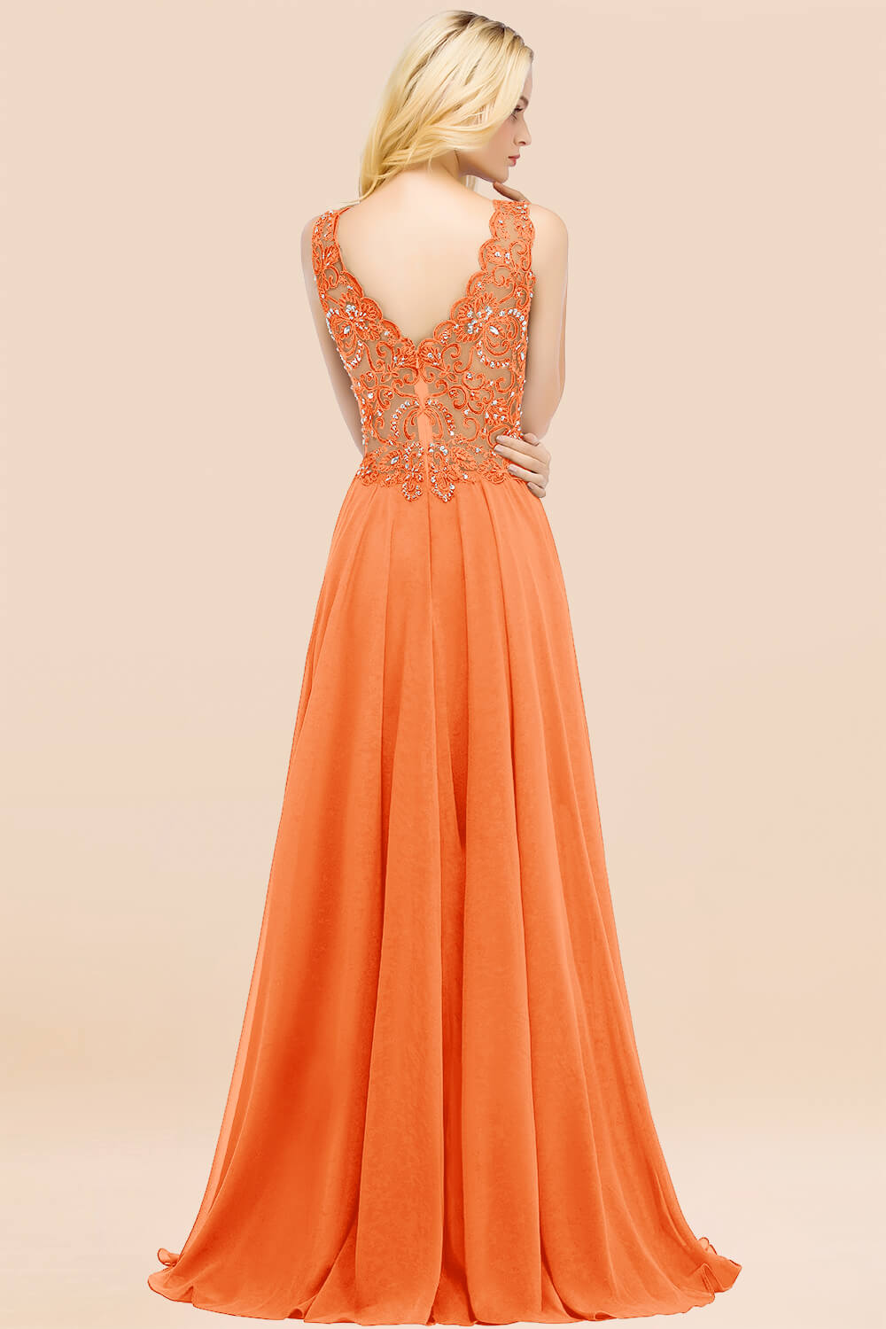 A-line Chiffon Appliques V-neck Sleeveless Floor-Length Bridesmaid Dresses with Crystals