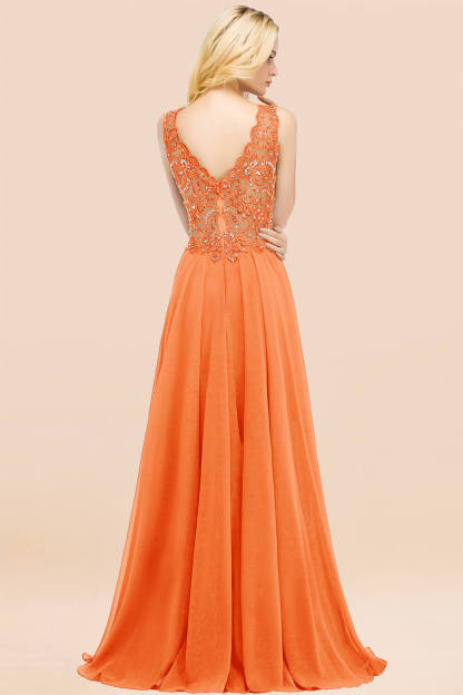 A-line Chiffon Appliques V-neck Sleeveless Floor-Length Bridesmaid Dresses with Crystals