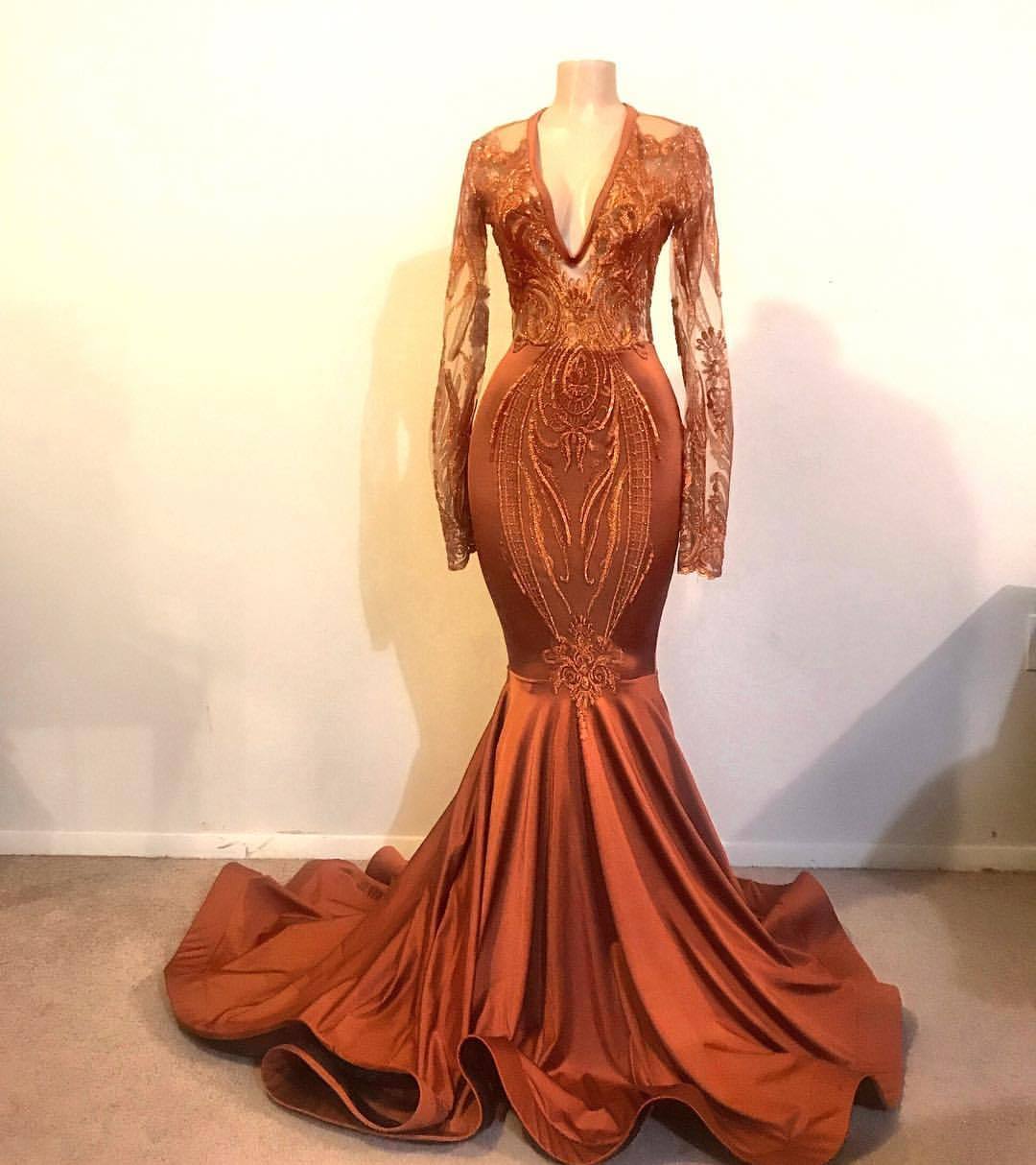 Long Mermaid V-neck Satin Tulle Appliques Lace Prom Dress with Sleeves
