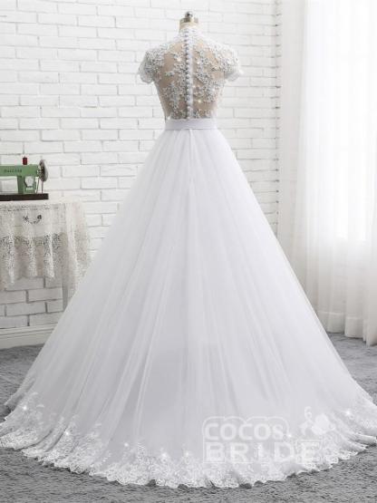 Elegant Long A-line Sweetheart Lace Beaded Tulle Wedding Dresses with Short Sleeves