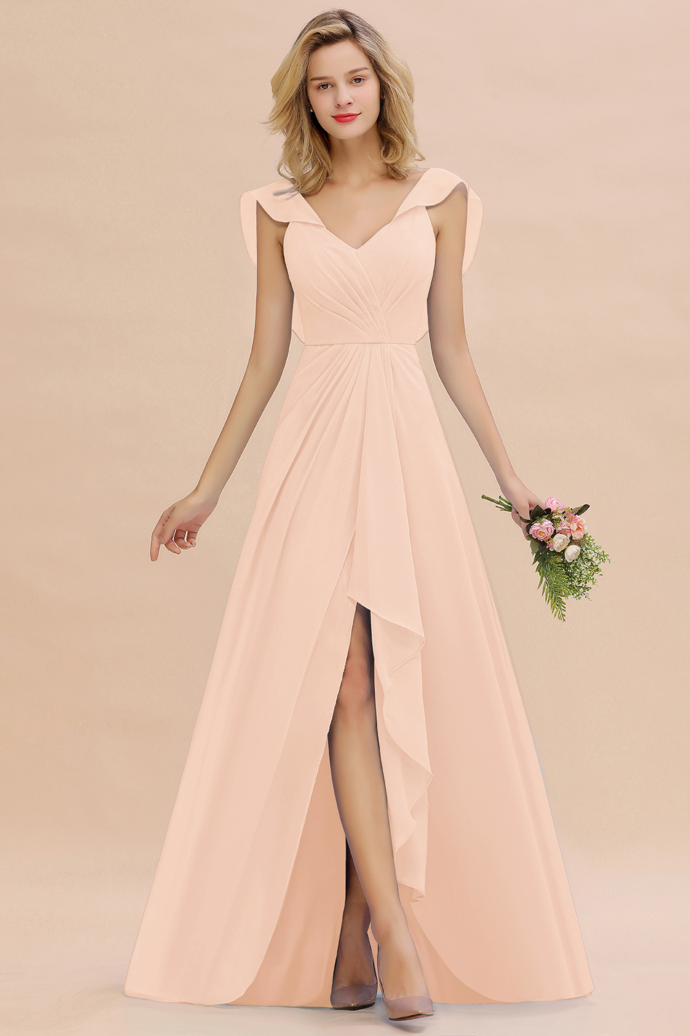 BM0777 Simple Hi-Lo V-Neck Ruffles Long Bridesmaid Dress