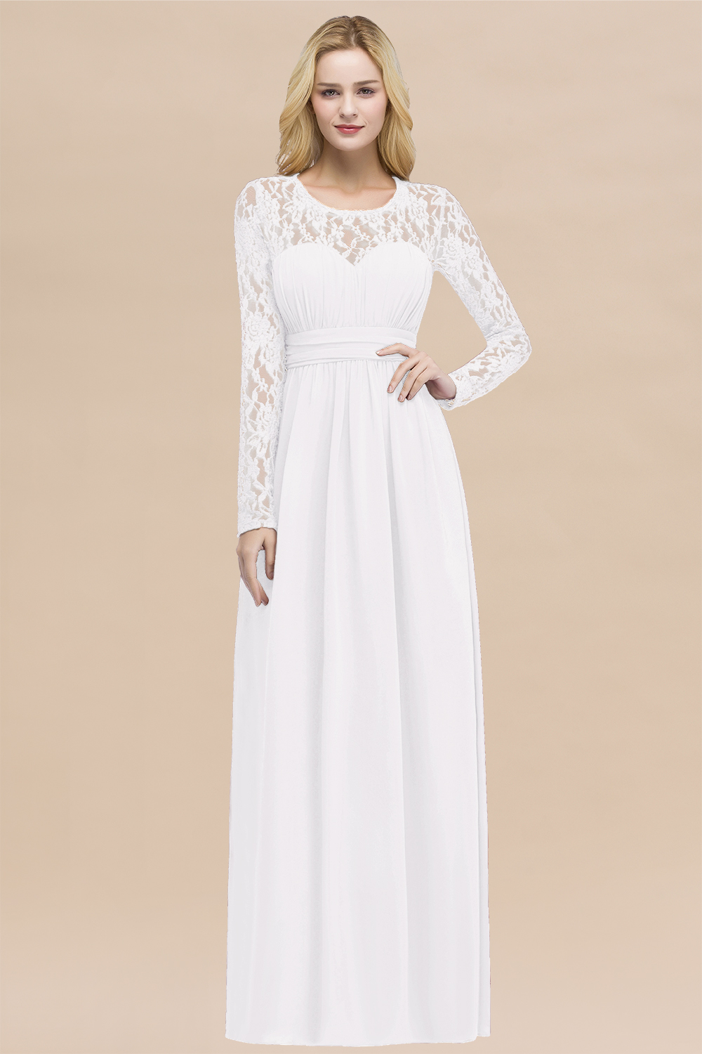Elegant A-Line Chiffon Jewel Long Sleeves Ruffles Floor-Length Bridesmaid Dresses