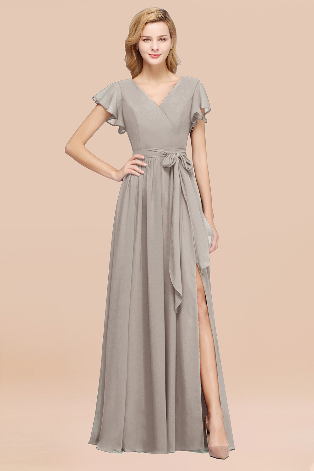 elegant A-line Chiffon V-Neck Short-Sleeves Floor-Length Bridesmaid Dresses with Bow Sash