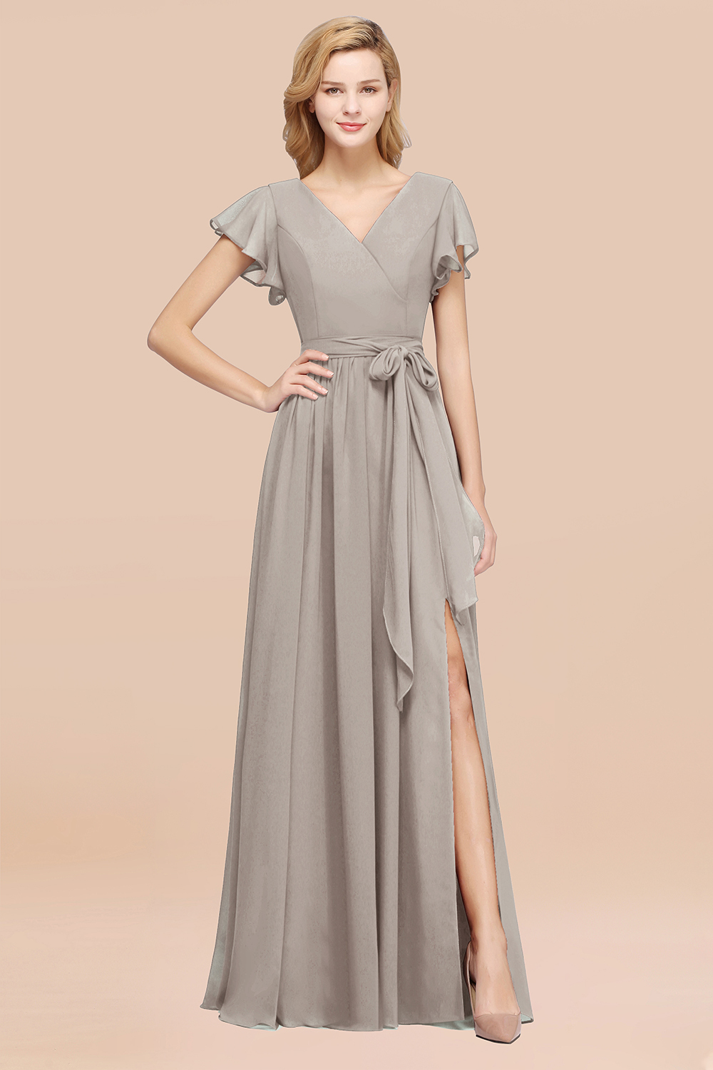 elegant A-line Chiffon V-Neck Short-Sleeves Floor-Length Bridesmaid Dresses with Bow Sash