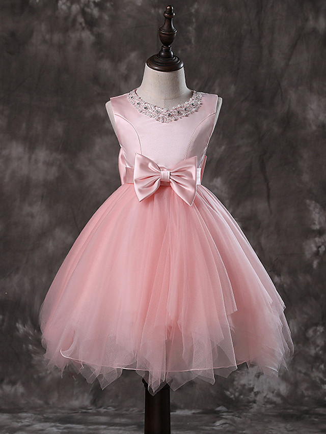 Princess / A-Line Knee Length / Medium Length Wedding / First Communion / Pageant Flower Girl Dresses - Tulle / Satin Chiffon / Polyester Sleeveless Jewel Neck With Faux Pearl / Bow(S) / Tier