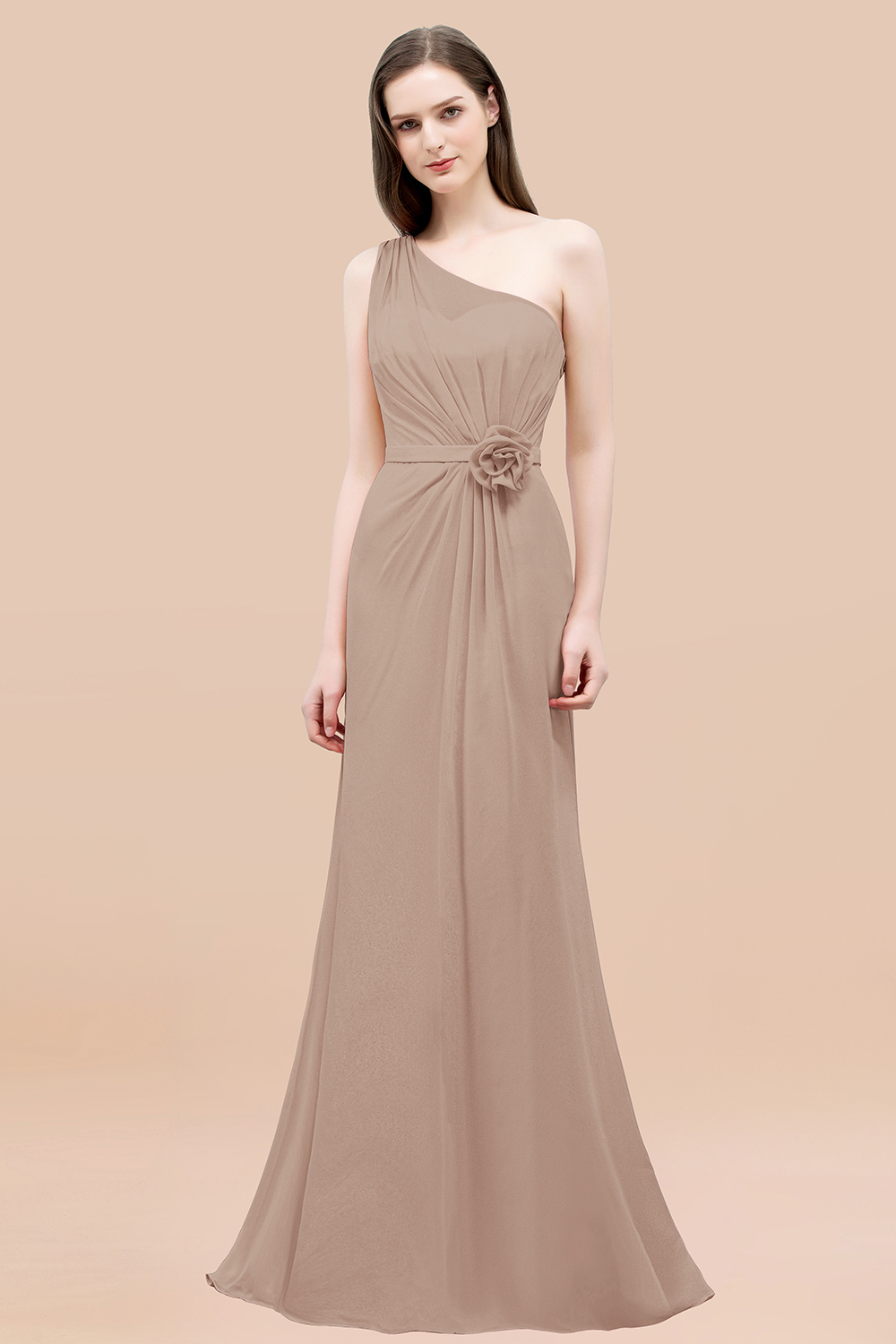 Mermaid Chiffon One-shoulder Sleeveless Ruffled Floor-Length Bridesmaid Dresses with Flower