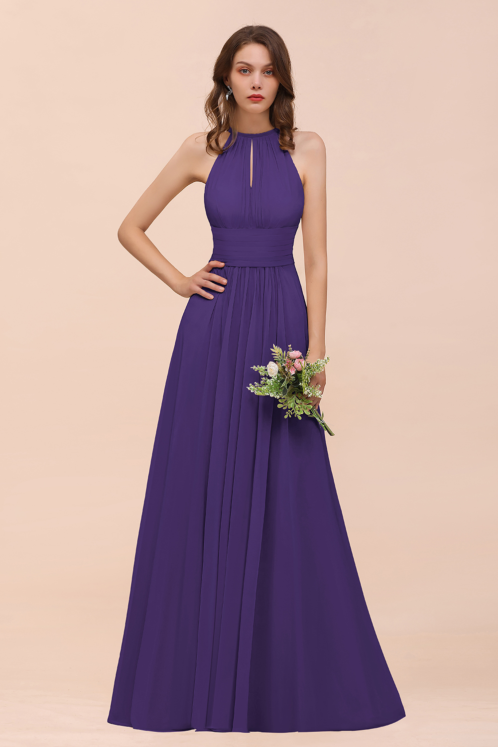 Elegant Long A-Line Jewel Ruffle Chiffon Champagne Bridesmaid Dress