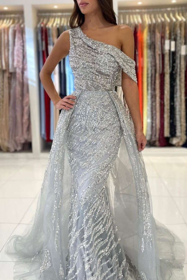 Silver Long Mermaid One Shoulder Glitter Tulle Formal Prom Dresses