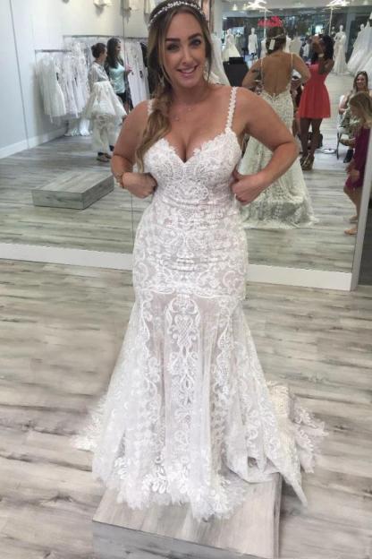 Long Spaghetti Straps Mermaid V Neck Backless Lace Wedding Dress
