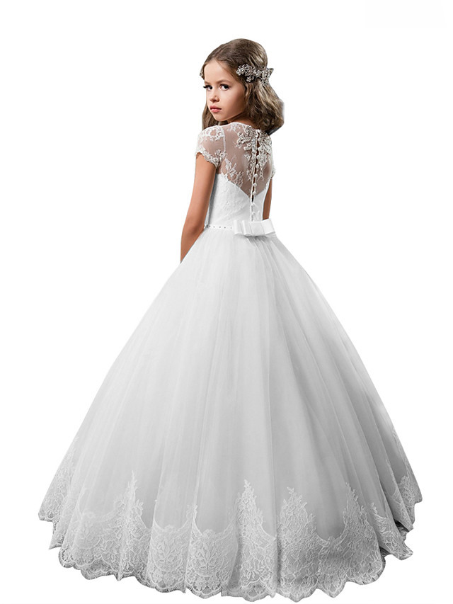 Princess Floor Length Wedding / Birthday / First Communion Flower Girl Dresses - Cotton / Nylon With A Hint Of Stretch / Lace / Tulle Short Sleeve Jewel Neck With Lace / Crystals / Rhinestones