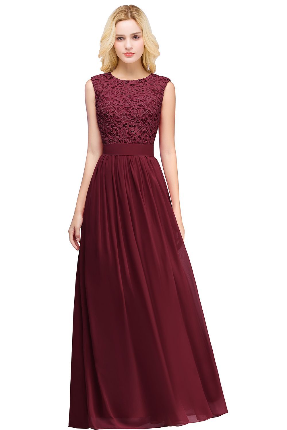 Sheath Crew Sleeveless Floor-length Lace Top Chiffon Bridesmaid Dresses