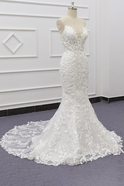Long Sweetheart Spaghetti Strap Appliques Lace Mermaid Wedding Dress