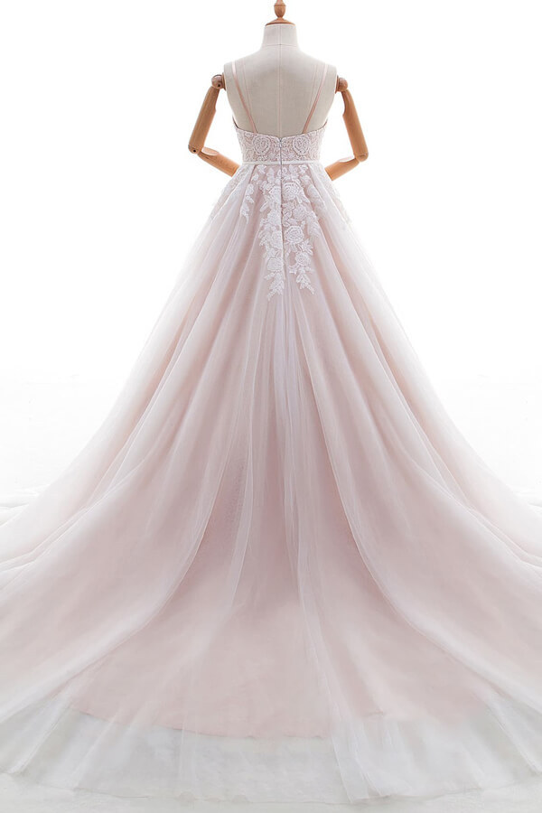 Long V-neck Appliques Lace Spaghetti Strap A-line Wedding Dress