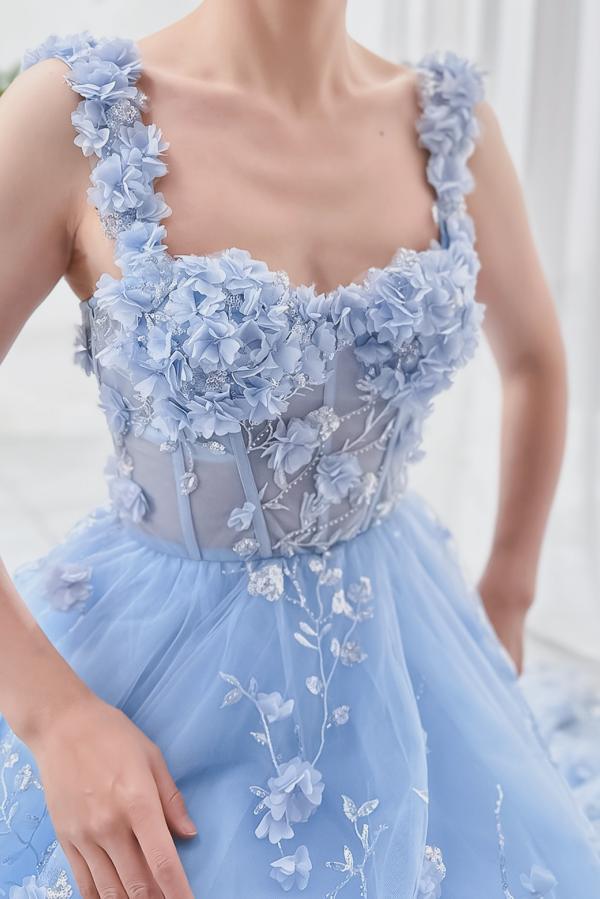 Elegant Sky-Blue A-Line Sweetheart Tulle Ankle-Length Prom Dresses with Flowers