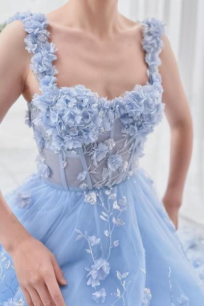 Elegant Sky-Blue A-Line Sweetheart Tulle Ankle-Length Prom Dresses with Flowers