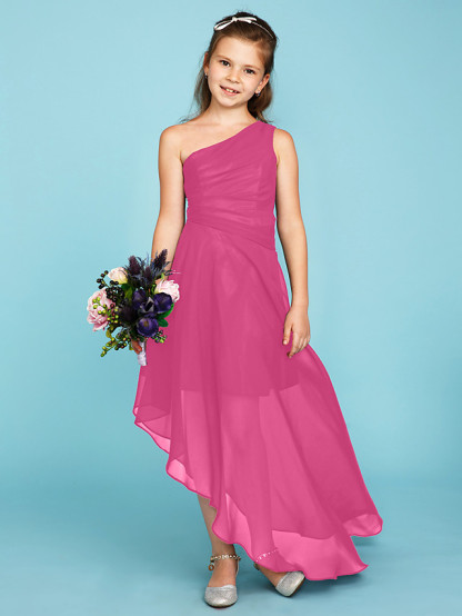 A-Line One Shoulder Asymmetrical Chiffon Junior Bridesmaid Dress With Side Draping / Wedding Party